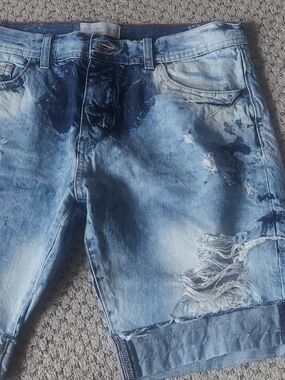 Zara Light Blue Denim Shorts with Brown Leather Patch